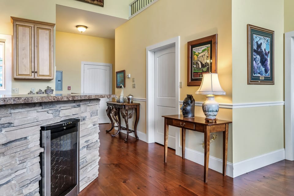 Warm, stylish hallway connecting main living areas with natural flow.