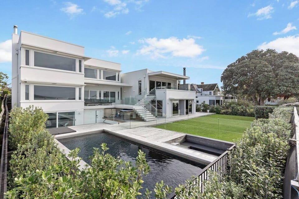 The outdoor pool and sunken lounge area