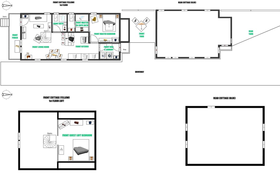Front 1st floor and loftlayout, front porch, driveway and yard