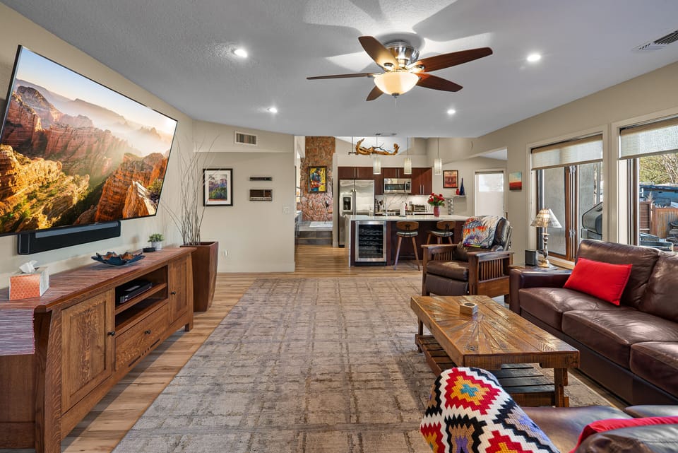 Living Room with TV - Enchanted Desert Oasis - Vivid Sedona - Living Room - 77 Wild Horse Mesa Drive, Village of Oak Creek, Sedona AZ - Enchanted Desert Oasis - Vivid Sedona