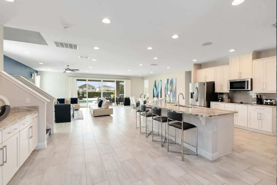 Breakfast bar and living room
