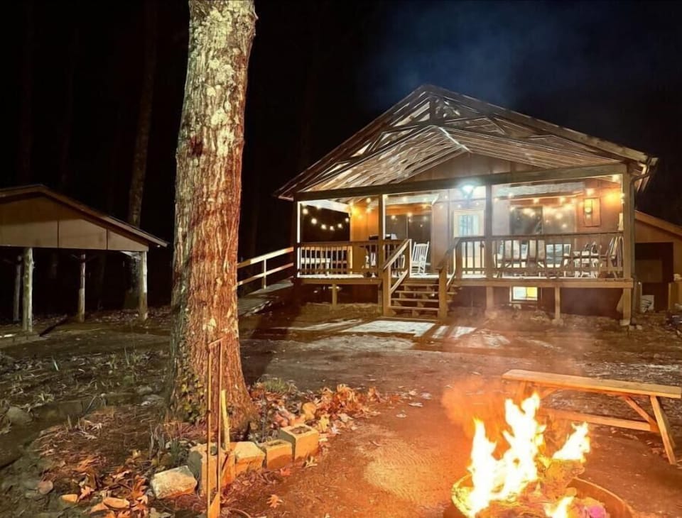 Fire pit with seating area in front of cabin.