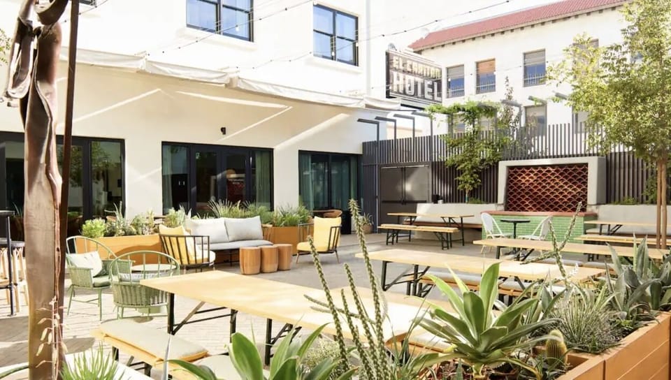 Unwind in the sunlit courtyard with lounge seating and greenery.