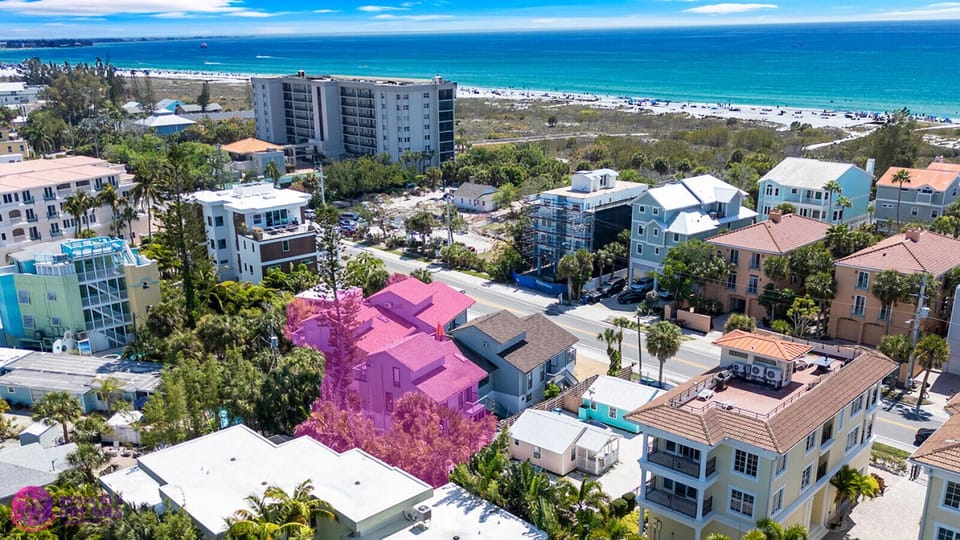 Vacation home complex highlighted in pink, beach access 1 minute walk just across Beach Road