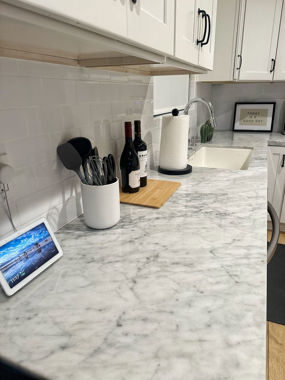 Our kitchen comes with a Google Home unit to enhance the ambiance of your stay!