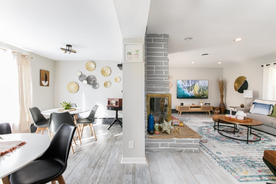 The open layout makes it easy to entertain. Guests love the 70 inch TV screen!