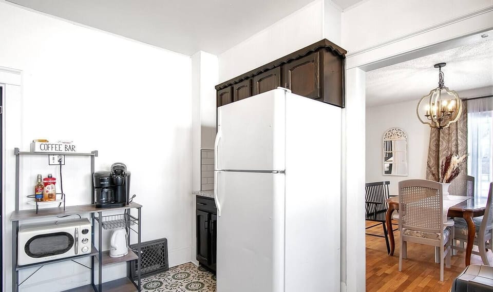 Kitchen opens into dining room
