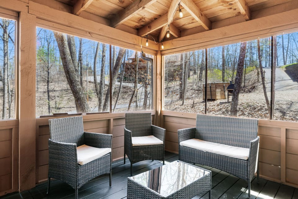 Seating area under covered porch