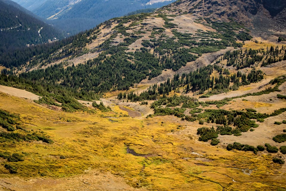 A mountainous landscape with green and yellow vegetation covering the slopes and valleys, beneath a clear blue sky.