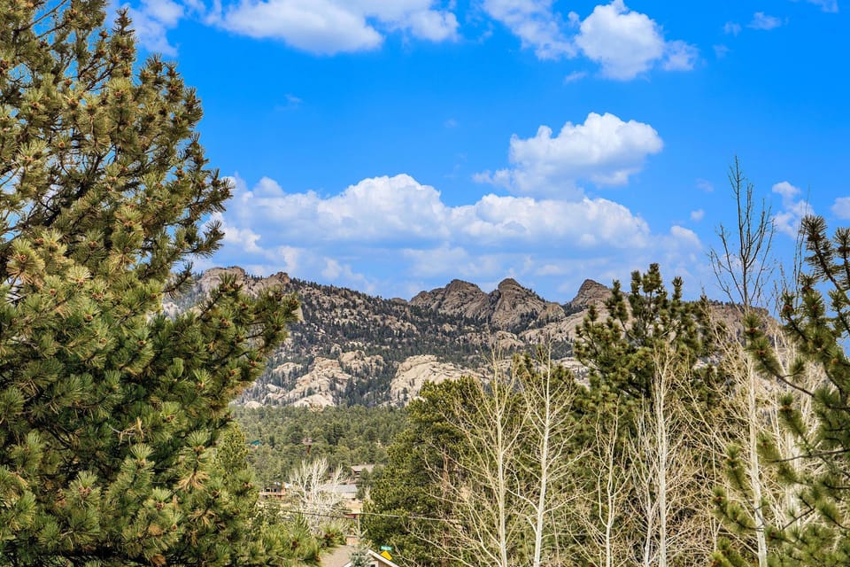 View of rocky hills in the distance, surrounded by pine trees and clear blue sky with scattered clouds.