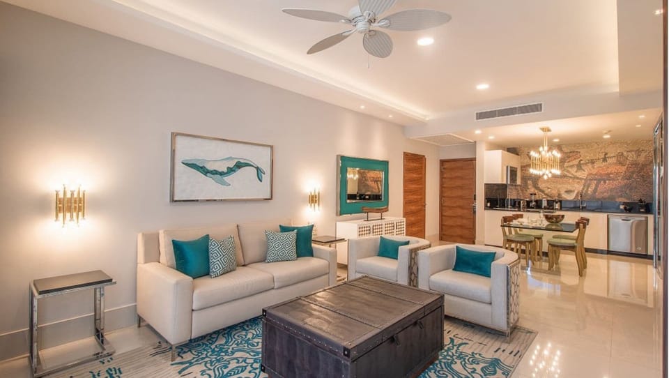 Luxurious living area with modern decor and cozy seating.