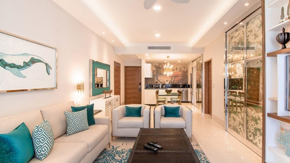 Stylish living area with modern decor and spacious layout.