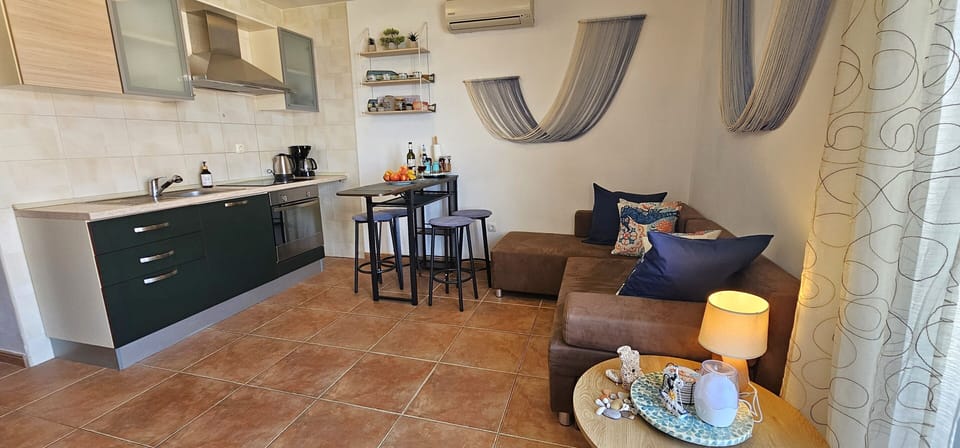 Open plan living dining room with full kitchen