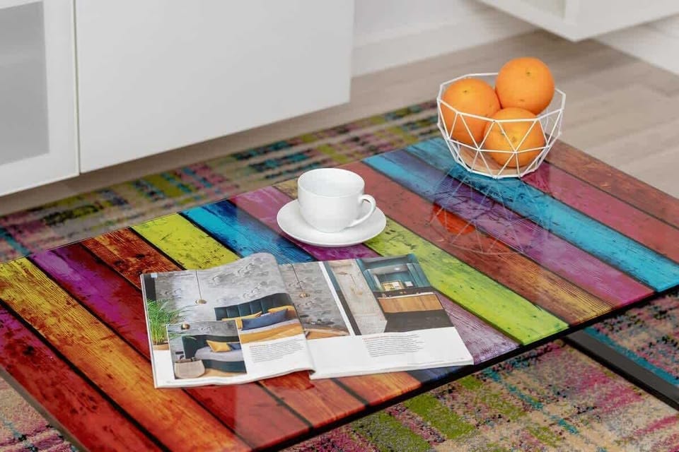 A close-up view of the coffee table, located in the living room.