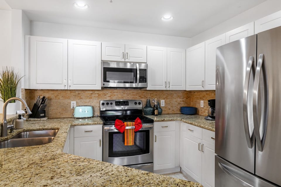 Stainless steel appliances make for an easy preparation in the kitchen