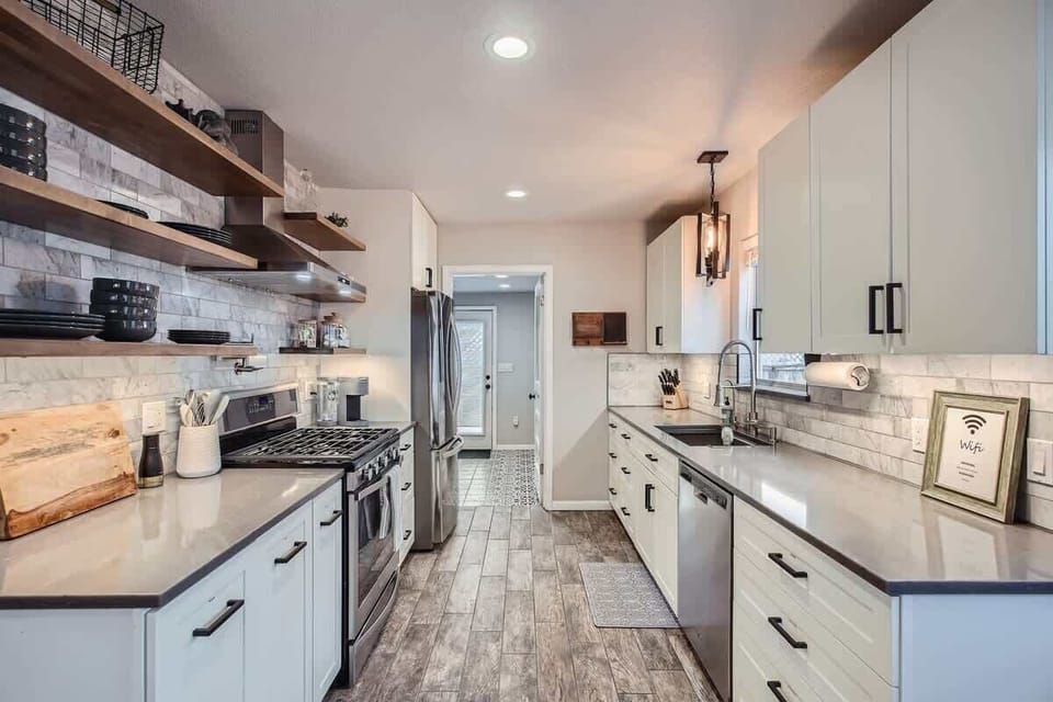 With ample counter space and quality appliances, cooking here is a pleasure.