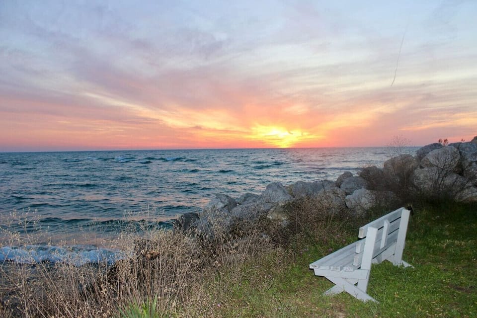 Backyard with Bench and Grill - w view of Public Beach