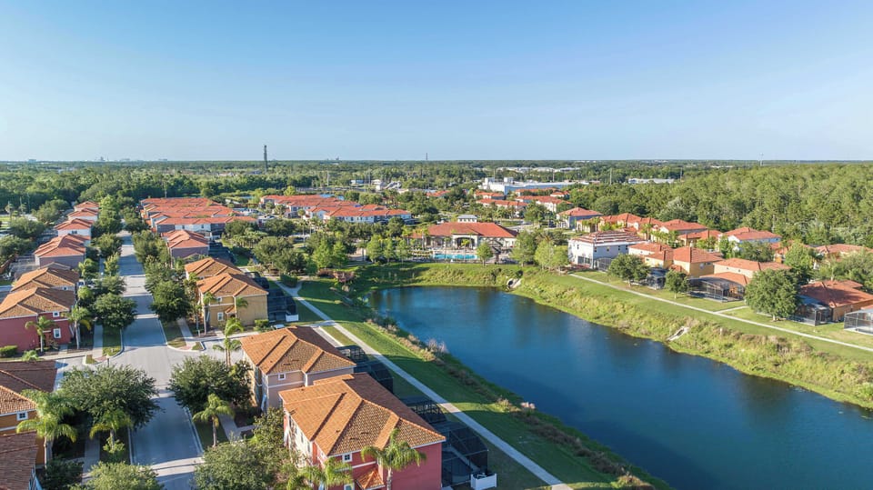 Panoramic view of the tranquil lake and resort community.
