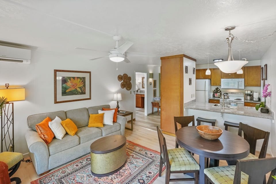 Thoughtfully updated with tropical flair, this breezy space combines comfort and convenience for the perfect Kauai getaway.