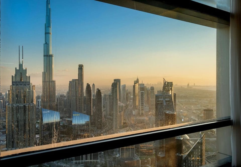 Skyline View: Breathtaking vistas of Dubai`s skyline against stunning sunset hues!