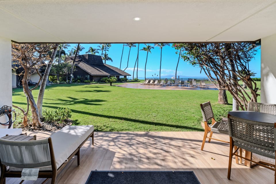 The outdoor lanai (patio) has great ocean views and overlooks one of two landscaped courtyards with pool.
