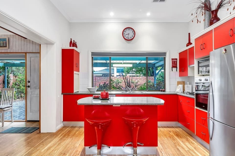 The kitchen provides everything needed to get started on your creations with cooking basics, a large oven, fridge, dishwasher, and stove.
