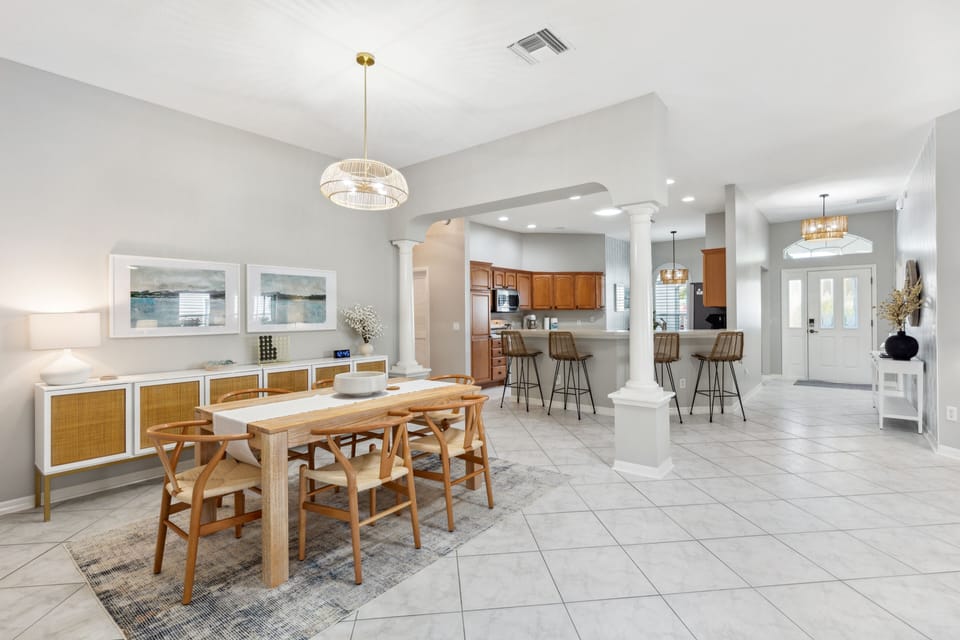 The dining area is light and bright and seats six.