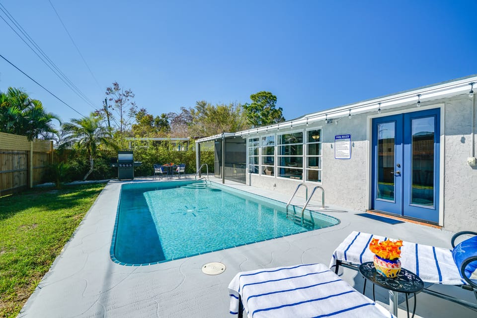 Back Exterior | Full Privacy Fence | Heated Pool | Gas Grill | Screened Porch