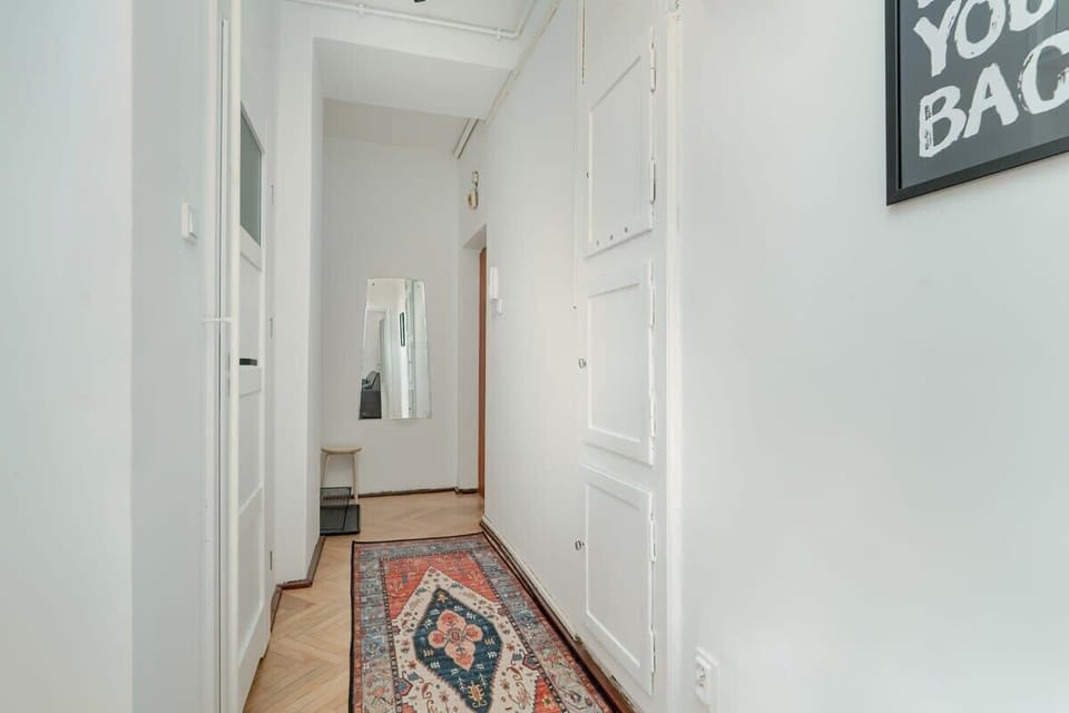 A hallway with a mirror, a runner rug, and a white door, adding depth and brightness to the apartment.

