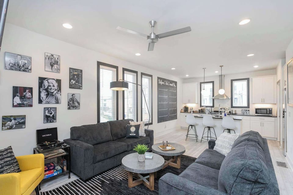 2nd Level: Living Room w/Custom Mural, Sleeper Sofa + Fireplace