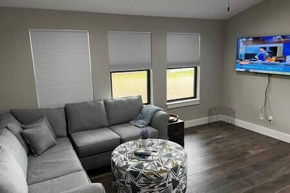 Comfortable living area with OLED smart TV