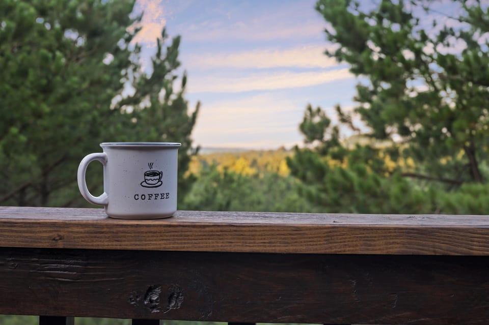 Begin your day with a hot cup of coffee while taking in panoramic views of the surrounding pines from Panorama Cabin's deck.