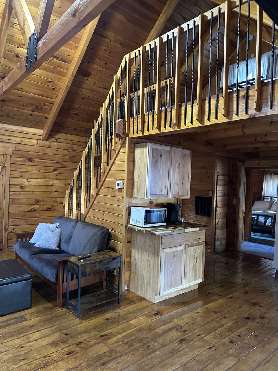 Microwave and keurig coffee maker. You’ll find coffee, cream and sugar options