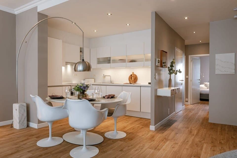 Dining table and modern kitchen