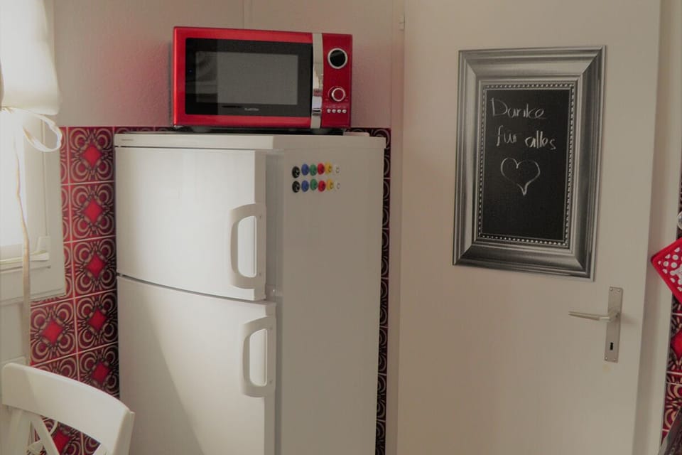 Kitchen with a big refrigerator and a microwave