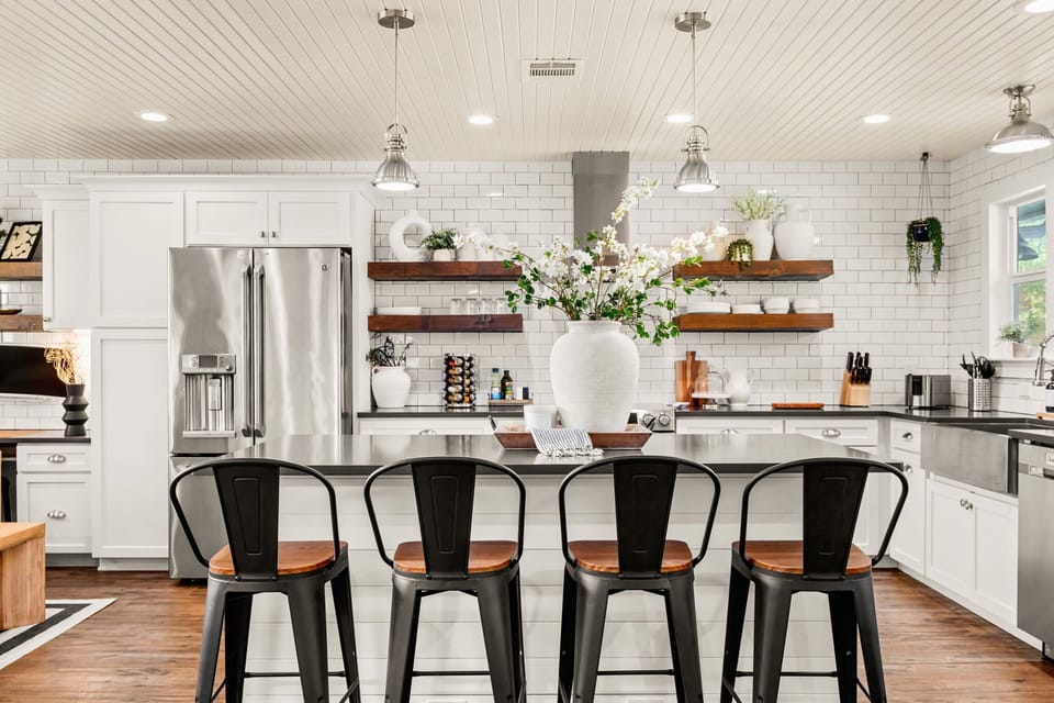 Open-layout kitchen, fully stocked for your stay.