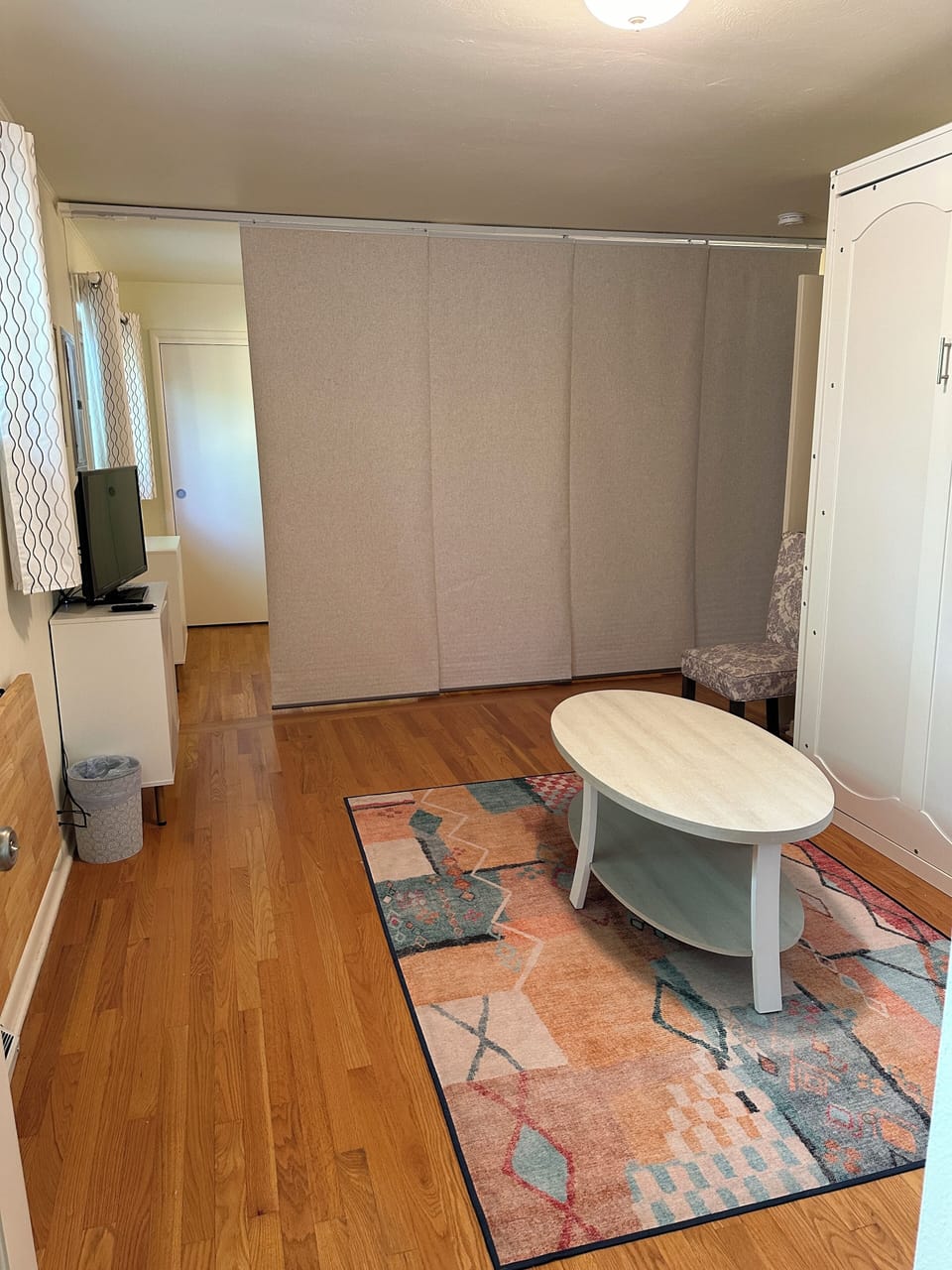 In Flex room, the room divider is closed, providing privacy and still access.