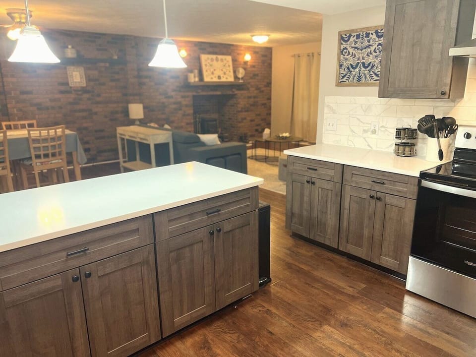 Kitchen looking into dining room and living room 