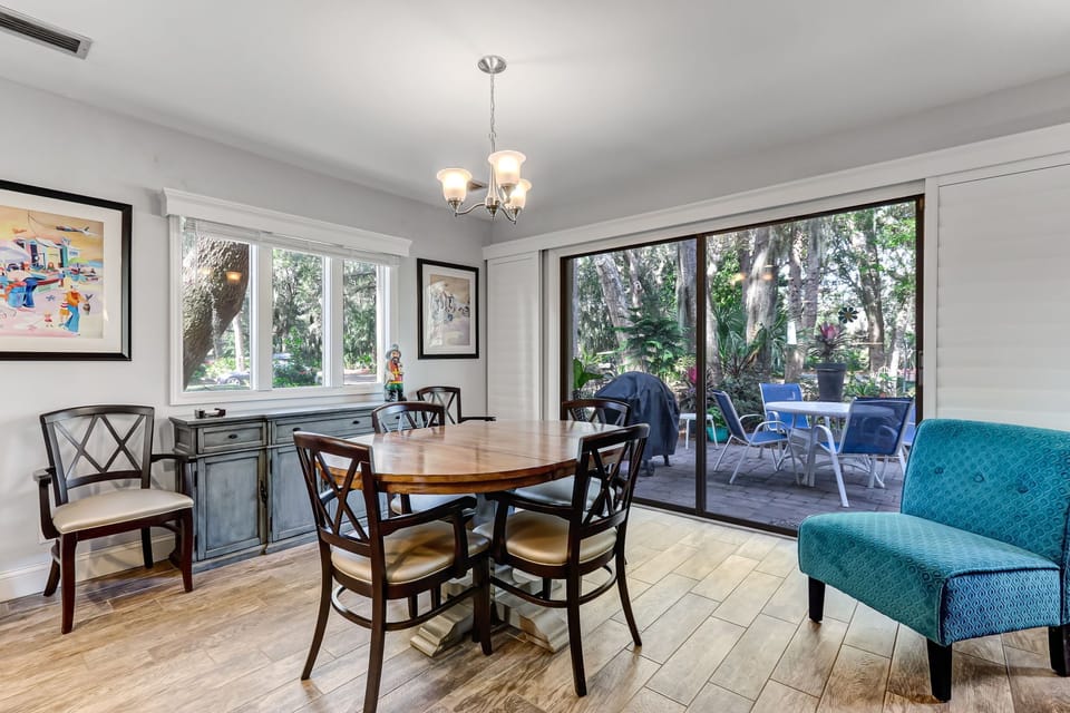 Dining space with patio view