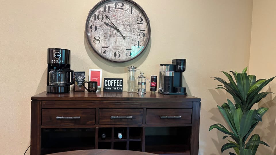 Coffee station, drip, French press, latte maker, Keurig single. (Bring yours)
