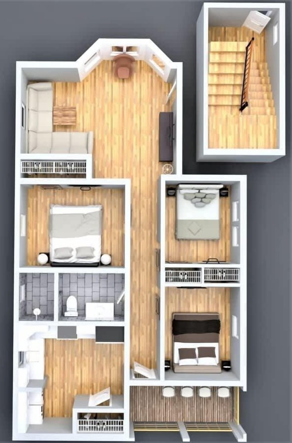 The 3D floor plan reveals a well-organized, multi-level residence with distinct living, dining, and sleeping areas, two bathrooms, a kitchen, and a balcony, all connected by a central staircase and designed for efficient use of space.