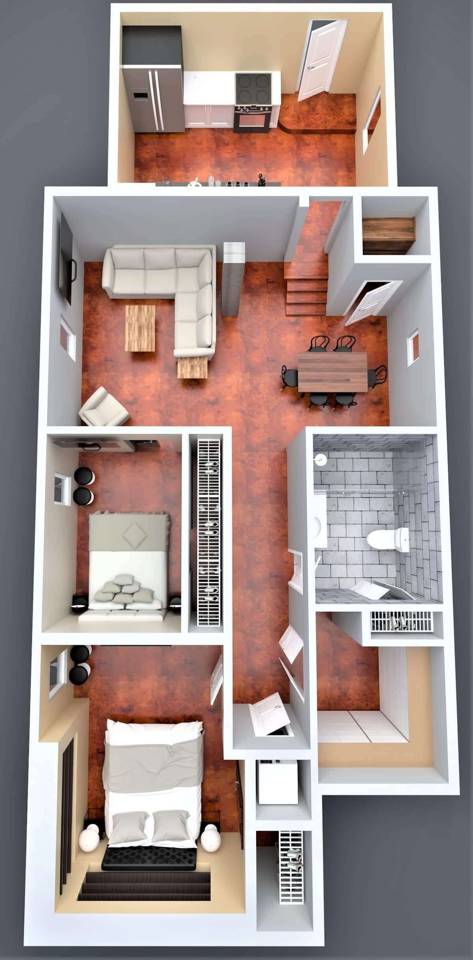 The top-down view reveals a well-organized apartment layout, including a living room, dining area, kitchen, bathroom, and bedroom. The design utilizes the space efficiently, offering a comfortable and practical living environment.