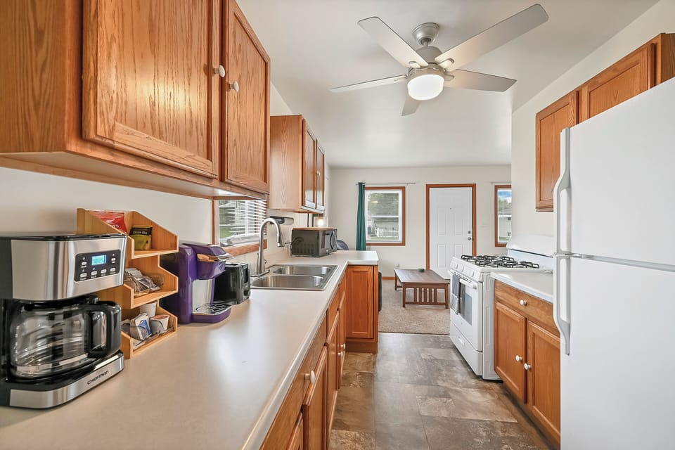 The kitchen is fully stocked with everything you should need to cook meals with.