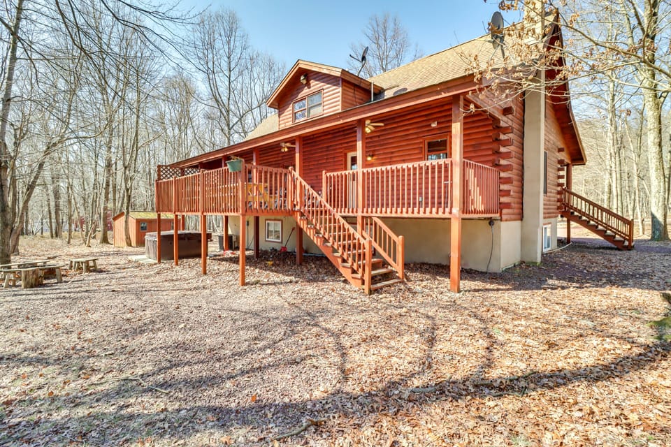 Cabin Exterior | Private Hot Tub | Wood-Burning Fire Pit
