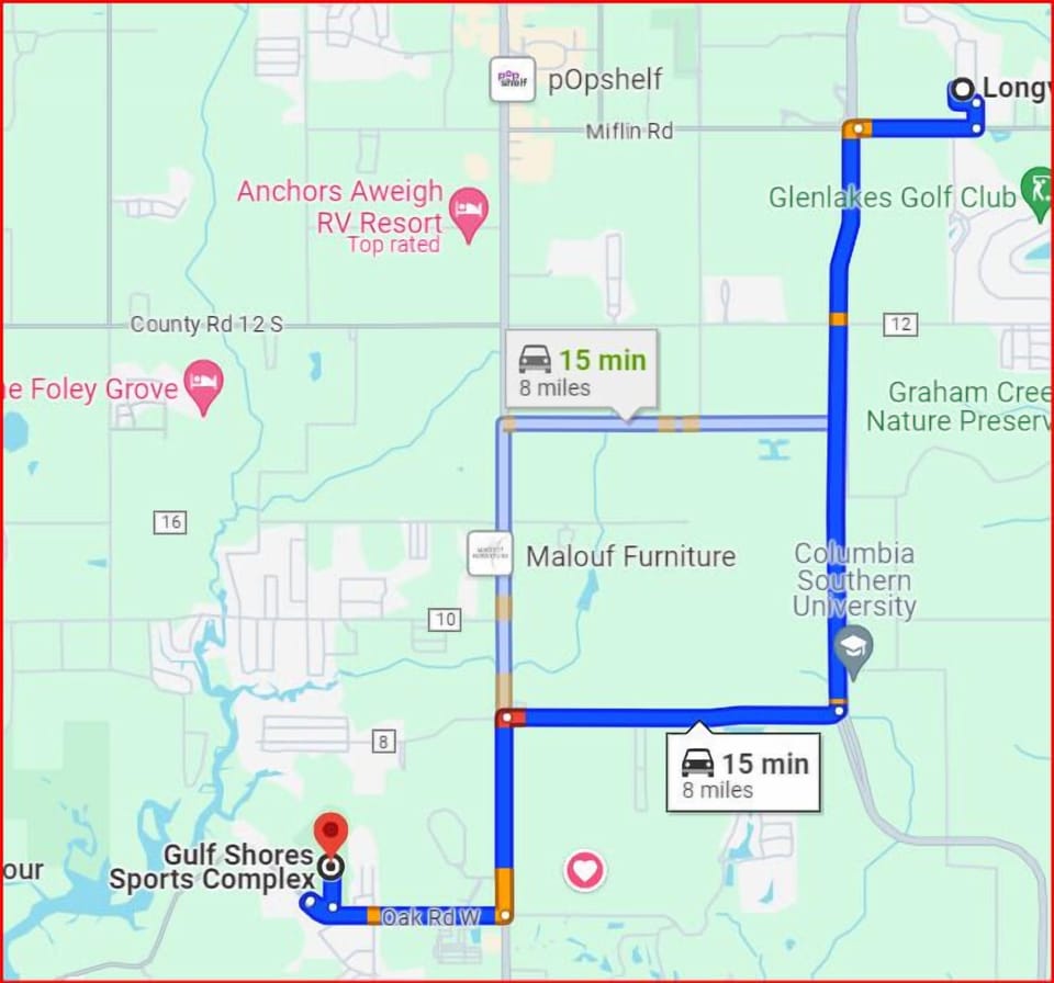 Travel map to Gulf Shores sporting fields. Foley is 3 minutes away.