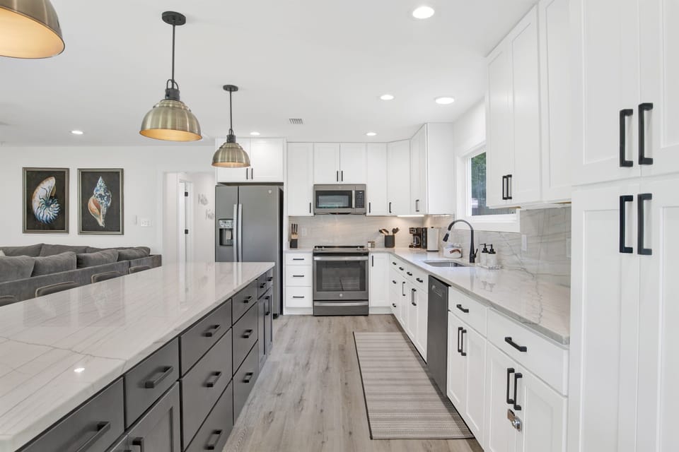 Slate colored Appliances and fingerprint hiding finish.
