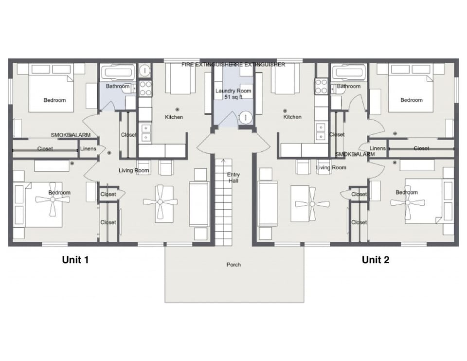 Floor plan for first floor, unit 1 is on left.