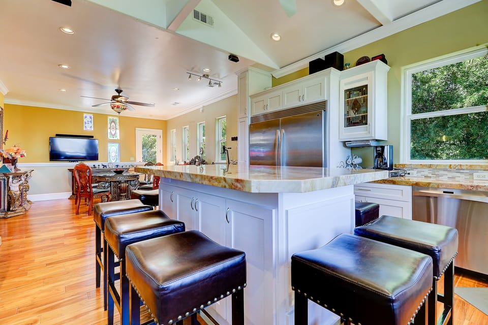 Huge quartzite Kitchen Island for 10 + seated guests