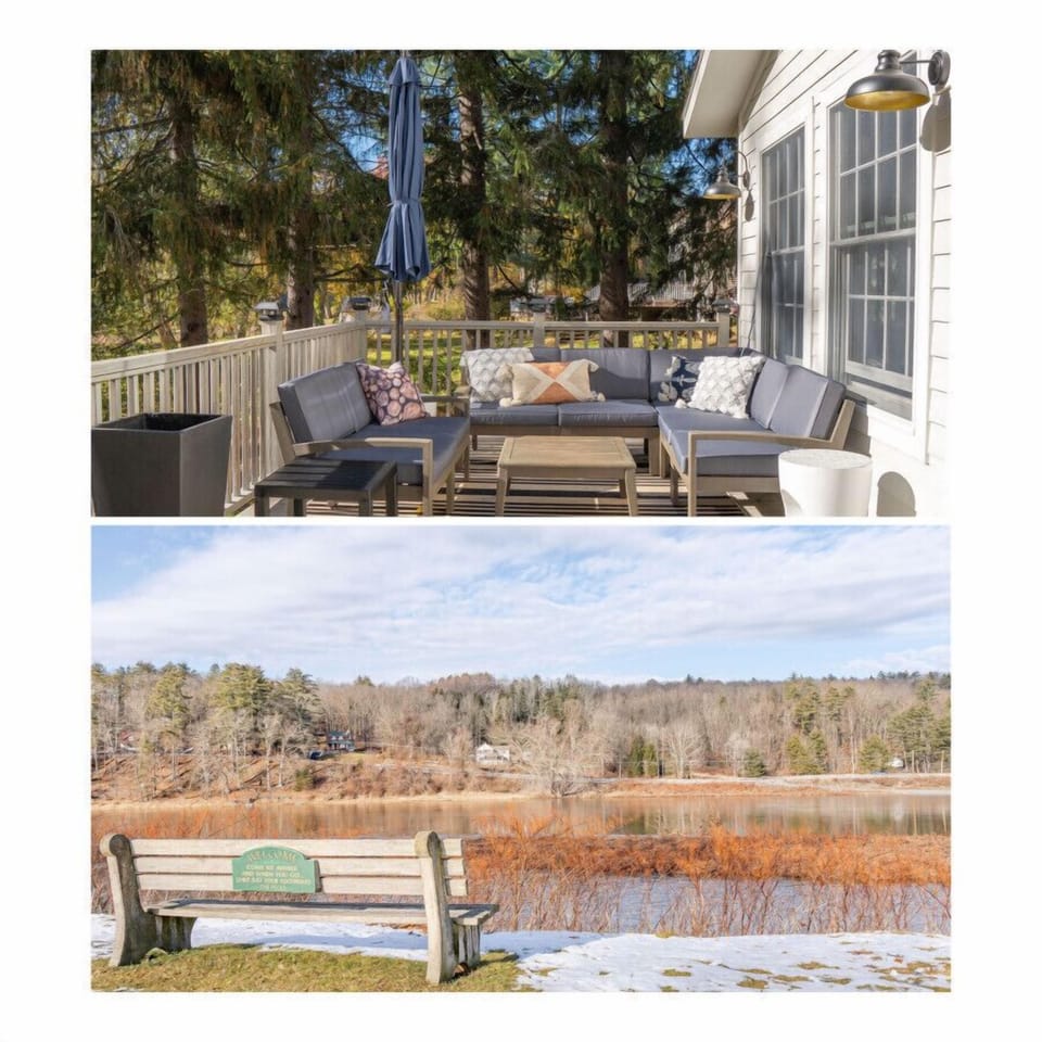 There is comfortable outdoor furniture on the back deck at River's Rest and a bench overlooking the Delaware River at The Clock House