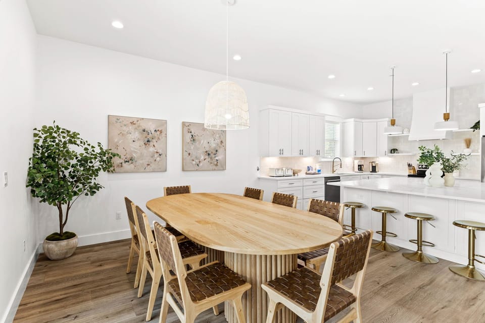 Beautiful wooden dining table with plenty of seating.